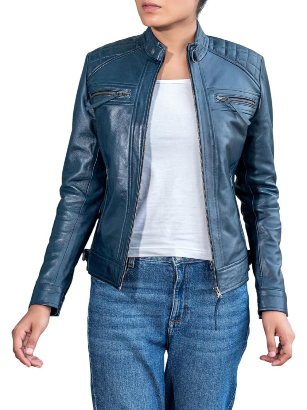 Women's Black Stylish Cafe Racer Casual Real Lambskin Side Pocket Leather Jacket